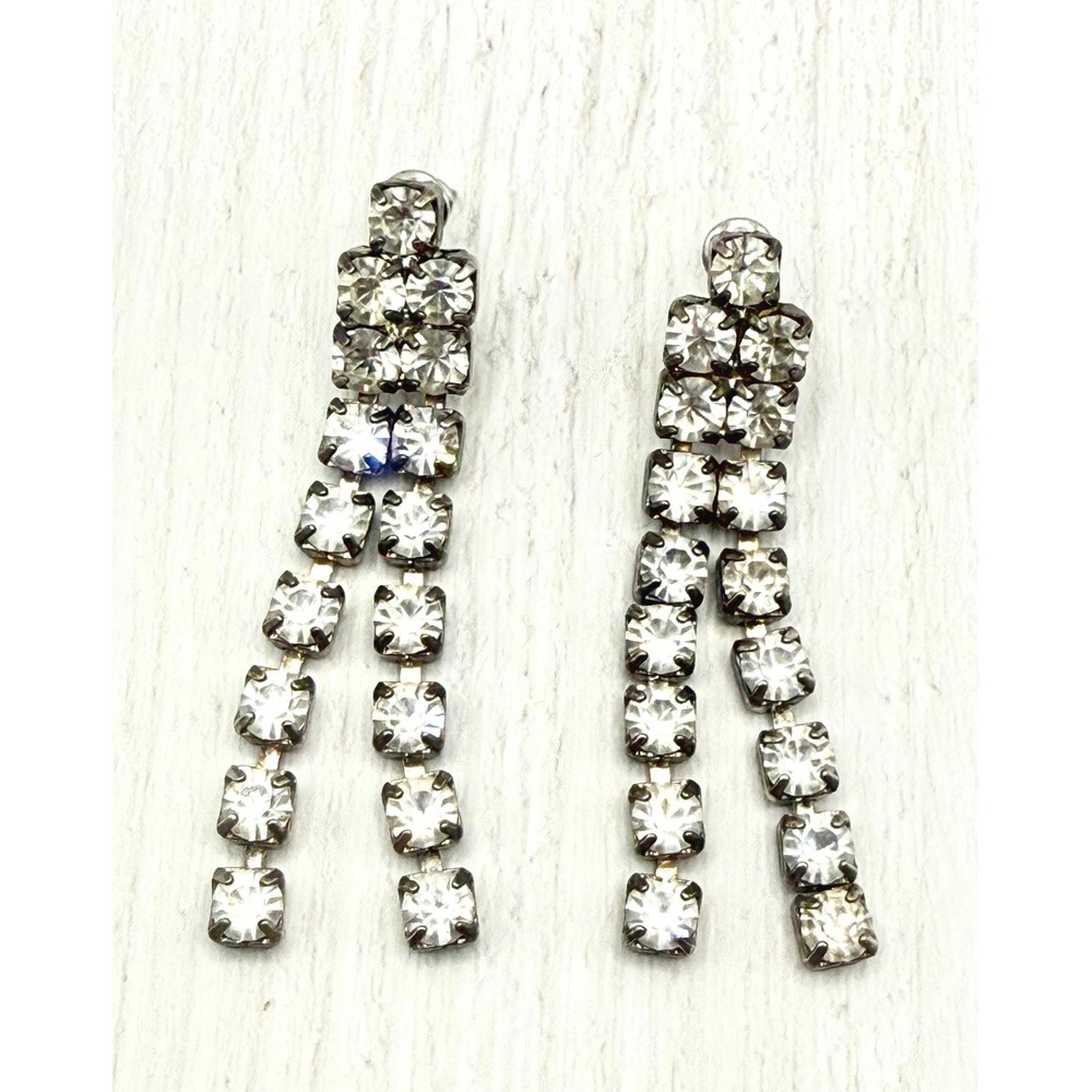 Vintage 1960s Rhinestone Dangle Earrings Double Strand MCM Glam Drop‎ Earrings